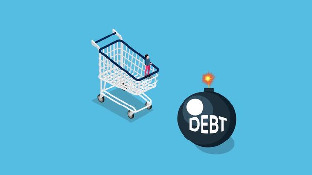 Consumer Debt Crisis and Financial Risk Represented by Shopping Cart and Bomb 3d animation cartoon