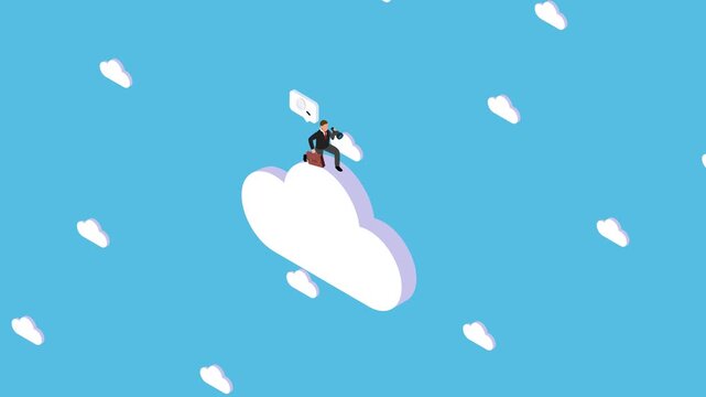 Businessman Searching for Opportunities on the Cloud Using a Telescope 3d animation cartoon