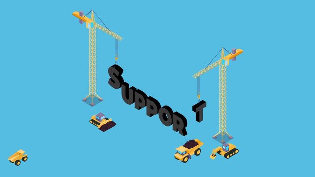 Construction Cranes Building the Word SUPPORT with 3D Letters 3d animation cartoon
