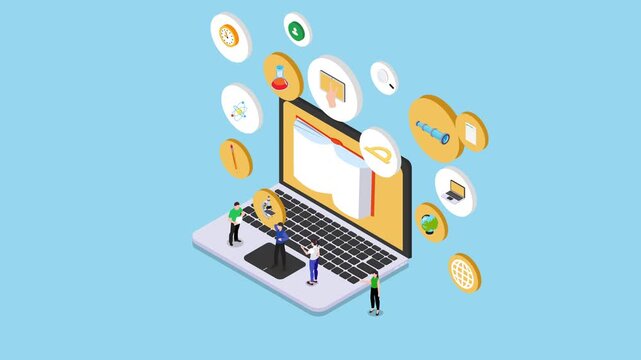 Isometric Concept of Online Education, E-learning, and Distance Studying 3d animation cartoon