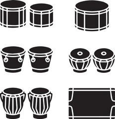 Percussion Instruments Silhouette Icon Set Vector. Drums Bongo Tabla Conga Musical Glyph Collection.