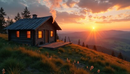 Rustic wooden cabin sits on mountain hill slope. Golden sun sets over vast rolling landscape. Smoke comes from chimney, windows glow with warm light. Remote house offers peaceful nature escape,