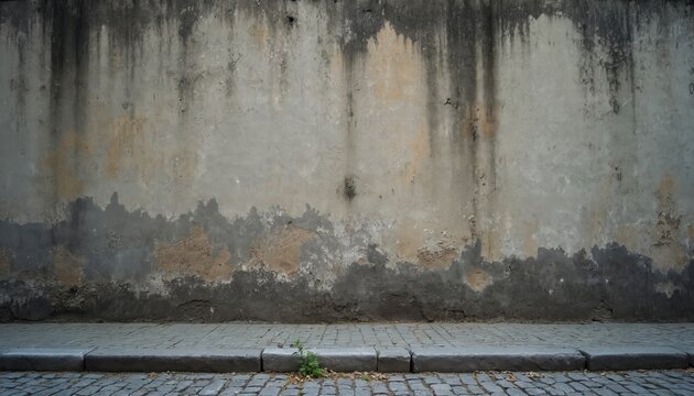 Rough grey concrete wall with dark water stains above aged cobblestone pavement and sidewalk. Green plant grows near stone curb, providing empty space for text.