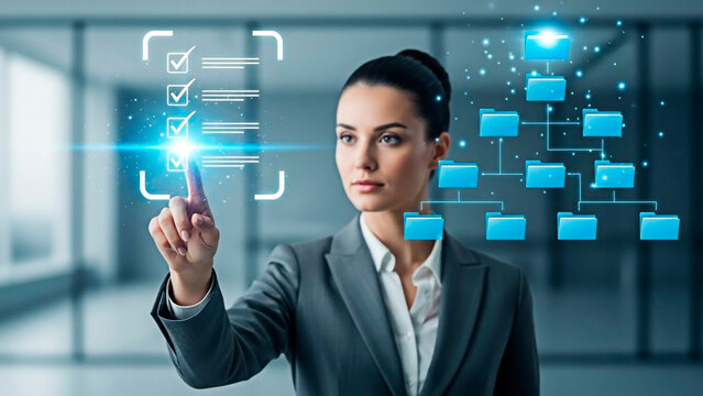 A woman using a futuristic digital interface for the concept of technology and innovation. - Powered by Adobe