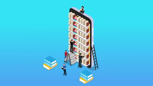 Isometric Mobile E-Library, Digital Education, and Online Reading 3d animation cartoon