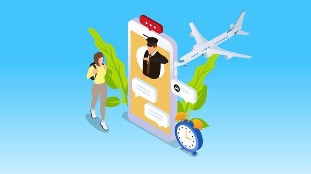 Isometric Mobile Flight Booking, Online Travel Management, and App 3d animation cartoon