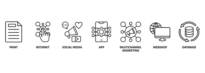 Cross-media banner web icon vector illustration concept with icon of print, internet, social media, app, multichannel marketing, webshop and database 