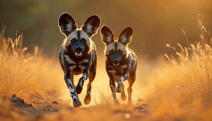 Two African wild dogs run fast through golden savanna grass at sunrise or sunset. Their patterned fur and large ears are distinct. They move together with focus and speed across the dusty path.