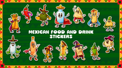 Naklejka premium Groovy mexican cuisine characters stickers pack. Mexican cuisine Tex Mex food personage groovy vector stickers of burrito, taco, enchiladas and nacho, tequila bottle, chili and avocado characters