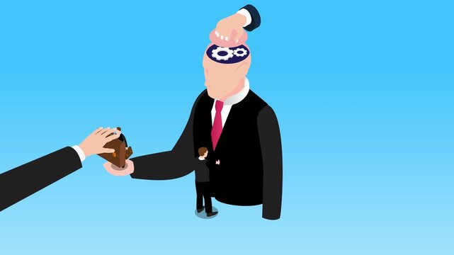 Isometric Hand Inserting Gears into Businessman's Head, Training, Mentoring, and Knowledge Transfer Concept 3d animation cartoon