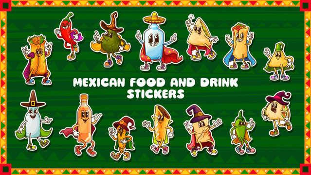 Groovy mexican cuisine characters stickers pack. Mexican cuisine Tex Mex food personage groovy vector stickers of burrito, taco, enchiladas and nacho, tequila bottle, chili and avocado characters