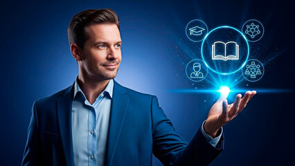 A person showcasing learning and knowledge with light-up icon for the concept of Education and technology.