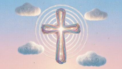 Fototapeta premium Colorful knitted cross shining brightly in the sky, surrounded by fluffy clouds and light rings. Heavenly religious concept for Christian holiday.