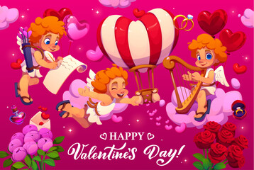 Obraz premium Cartoon funny cherubs flying in sky for Happy Valentine day, vector banner. Happy Valentine day greeting card, cheerful cupid cherubs with arrow and harp on pink clouds with flowers and wedding ring