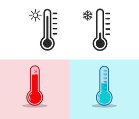 A set of four illustrations depicting temperature. The top row shows black line art of hot and cold using sun and snowflake symbols. The bottom row uses red and blue colors.