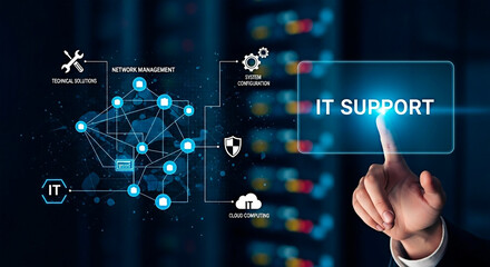 IT support concept graphic with hand interacting for technology and support.