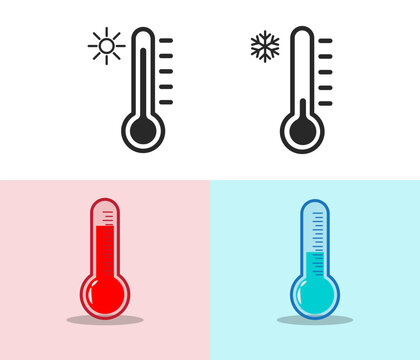 A set of four illustrations depicting temperature. The top row shows black line art of hot and cold using sun and snowflake symbols. The bottom row uses red and blue colors.
