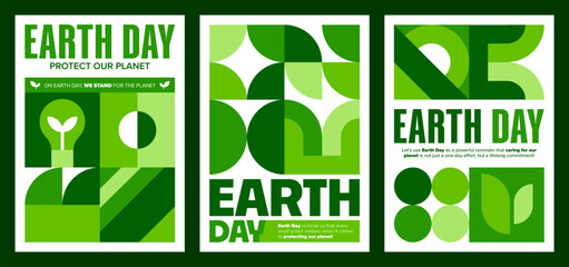 Earth Day posters with geometric pattern to raise awareness for planet nature, vector backgrounds. Earth Day and Protect Our Planet quotes for environment conservation and green ecology protection