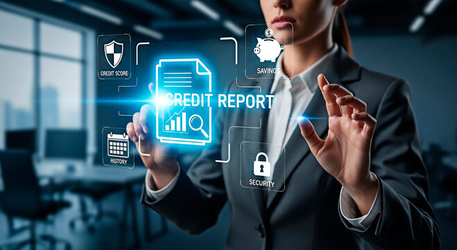 Business woman using credit report system for the concept of technology and data analysis. - Powered by Adobe