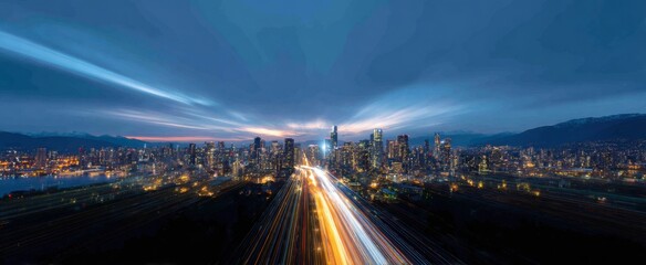 the city skyline glowing at dusk with beams of light streaking across