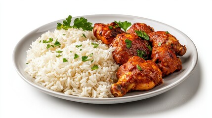 Fototapeta premium A delectable plate of chicken drumsticks glazed with a savory sauce is served alongside fluffy white rice, garnished with fresh parsley for a delicious meal.