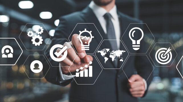 Professional executive touches digital interface of business strategy icons for global market success and innovation - Powered by Adobe