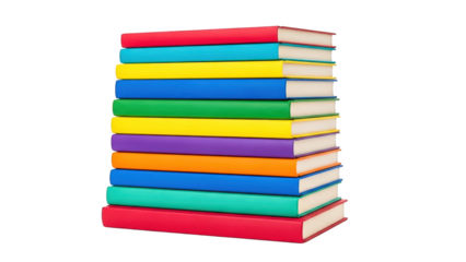 Tall stack of colorful books isolated on transparent background