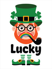 Charming cartoon leprechaun character illustration with green hat shamrocks and a lucky rainbow moustache for St Patricks Day celebration