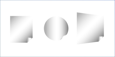 Curled page corner with shadow on transparent background collection. Blank transparent round and square adhesive stickers mock up with curved corner. Empty circle and quadratic sticky label mockup. 