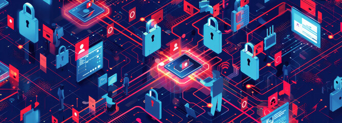 Cybersecurity Sentinel: An intricate digital network, interwoven with glowing pathways and secure digital locks, symbolizing data protection and guarding against cyber threats.