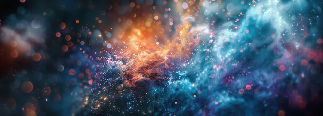 Celestial Canvas: A mesmerizing panorama of the cosmos unfolds, displaying celestial phenomena with radiant nebulas. The image evokes a sense of awe, wonder, and mystery of the universe. 