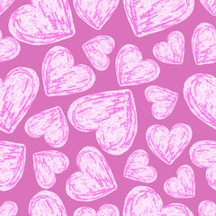Seamless pattern with soft chalk-style pink hearts on a magenta background. Ideal for Valentine designs, kids products, stationery, textiles, packaging and sweet decorative themes.