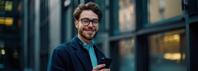 Modern Man's Digital Embrace: A confident man stands in an urban landscape, his eyeglasses reflecting a warm smile as he engages with his phone, symbolizing modern connectivity.
