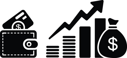 Finance and Money Growth Icons with Wallet, Coins, Bar Chart and Money Bag Silhouette
