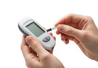 Closeup of hands holding a glucose meter and test strip, isolated on transparent background