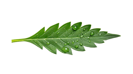 Green leaf with waterdrops on transparent background