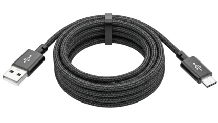 Braided usb c to usb a charging cable isolated on transparent background