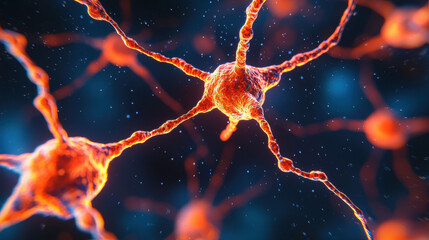Neuroscience, memory, and interaction are visualized in this vibrant close up of neural cells, highlighting brain activity and connectivity