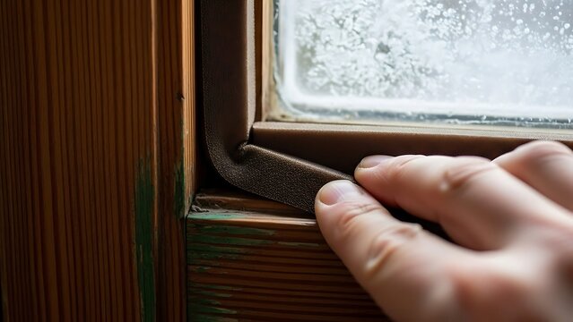 Close-up of a hand sealing a window with weather stripping.