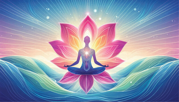 Meditating figure in lotus position with glowing aura and chakra points 1.