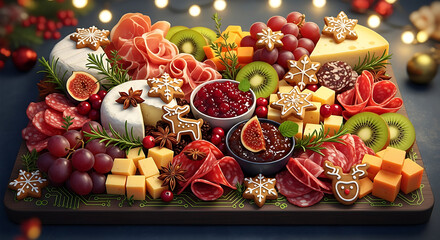 Festive christmas charcuterie board with assorted cheeses, meats, fruits, and crackers, adorned with holiday decorations like gingerbread cookies and cranberries, creating a delightful and visually ap