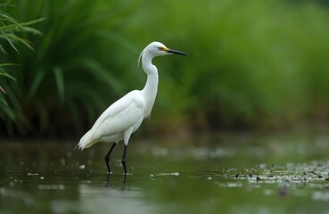 Fototapeta premium Small white egret stands in shallow water. Bird with yellow eyes and black legs hunts for food. Green plants form background. Nature wildlife scene.
