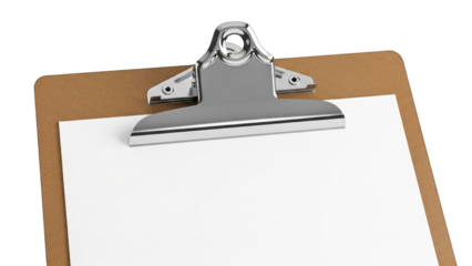 Clipboard with blank white paper isolated on transparent background