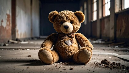 Teddy Bear in Abandoned Building  Loneliness with Childhood Concept.