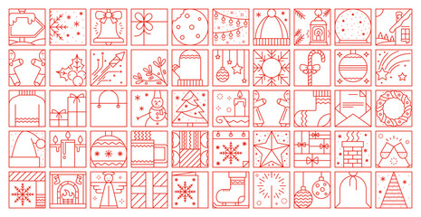 Naklejka premium Christmas holiday line decoration isolated elements of winter Xmas, vector icons. Christmas thin line art bauble with wreath and Santa gifts with snowman, snowflake and fireplace with socks in outline