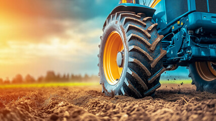 Obraz premium Tractor wheel churning rich soil at sunset with warm light and cinematic close up conveying hard work and rural agriculture