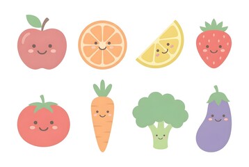 Fototapeta premium Kawaii set of smiling fruits and vegetables: apple, orange slice, lemon wedge, strawberry, tomato, carrot, broccoli, eggplant. Pastel cartoon with soft colors, isolated on white.