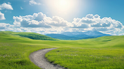 Fototapeta premium Lush green field with winding dirt path rolling hill distant mountain blue sky cumulus cloud