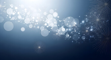 Abstract festive background with glowing white circles, sparkles and starburst light effects on a dark blue gradient backdrop
