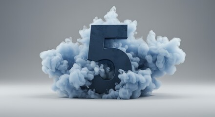 Dynamic threedimensional number five engulfed in swirling blue smoke against a minimalist grey background digital render